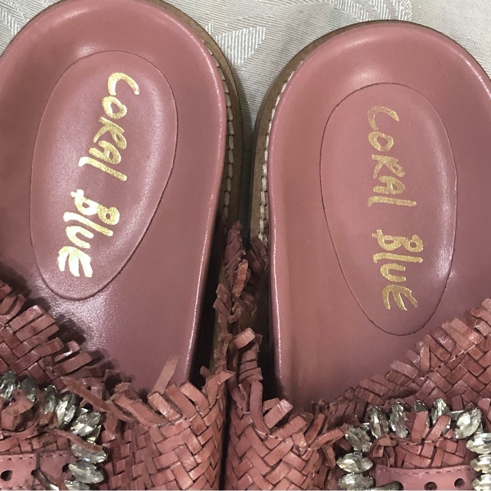 Anthropologie Coral Blue Italian Woven Leather Jeweled Footbed Buckle Sandal 8.5 - Picture 8 of 14
